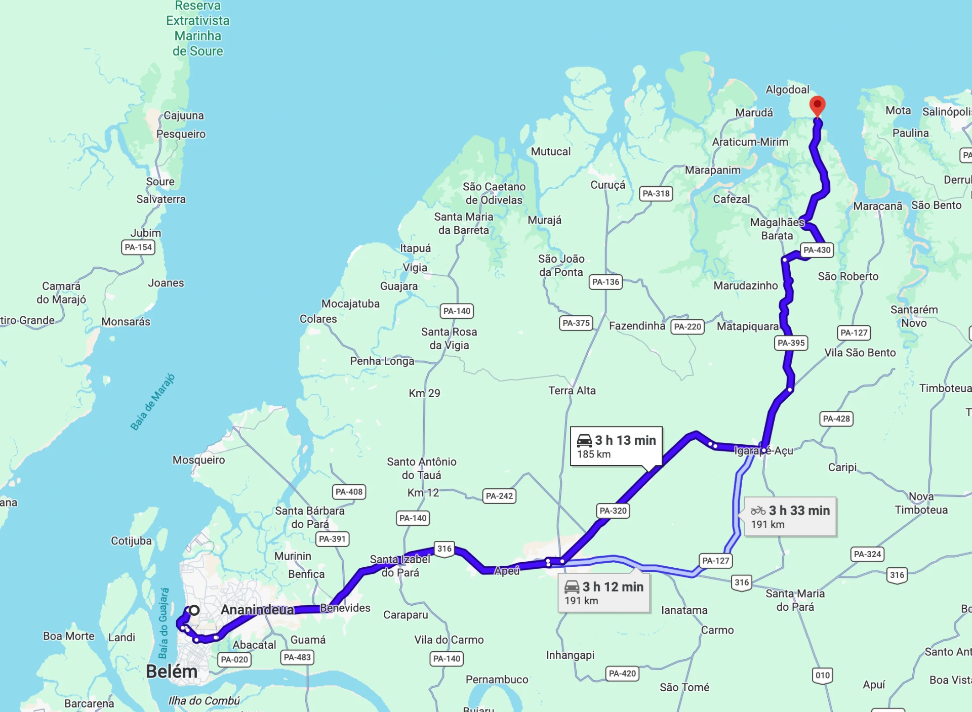 Mapa da rota de Belém até Algodoal pela PA-430, com cerca de 3h13 de viagem